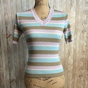 🆕 BP Y2K Striped V-Neck Short Sleeve Sweater